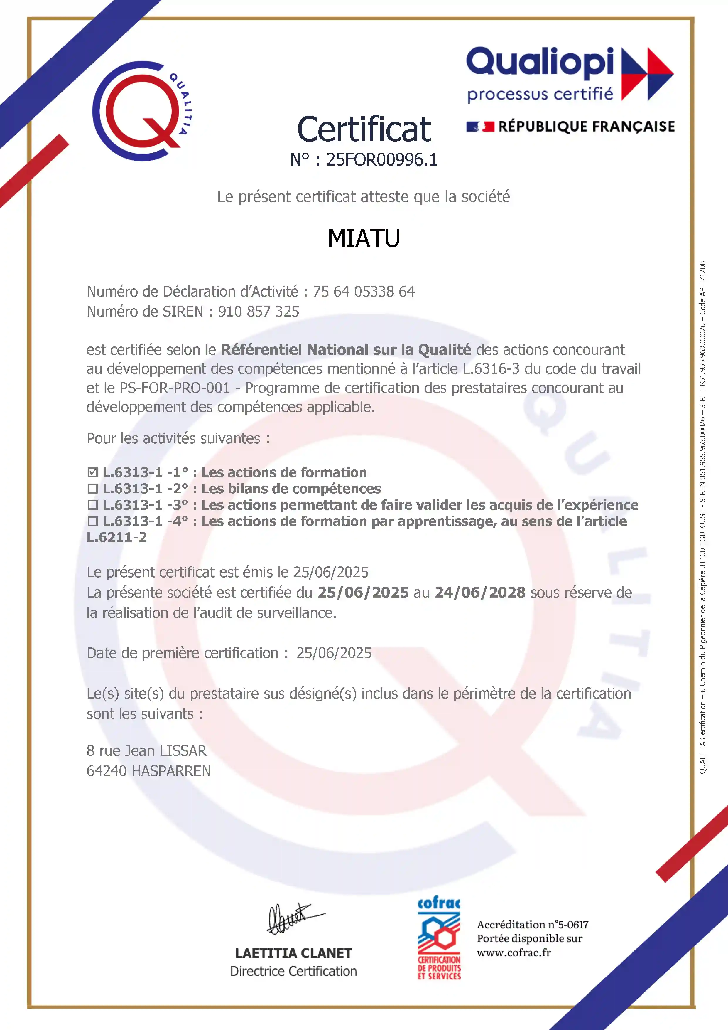 Certificat Qualiopi délivré à MIATU